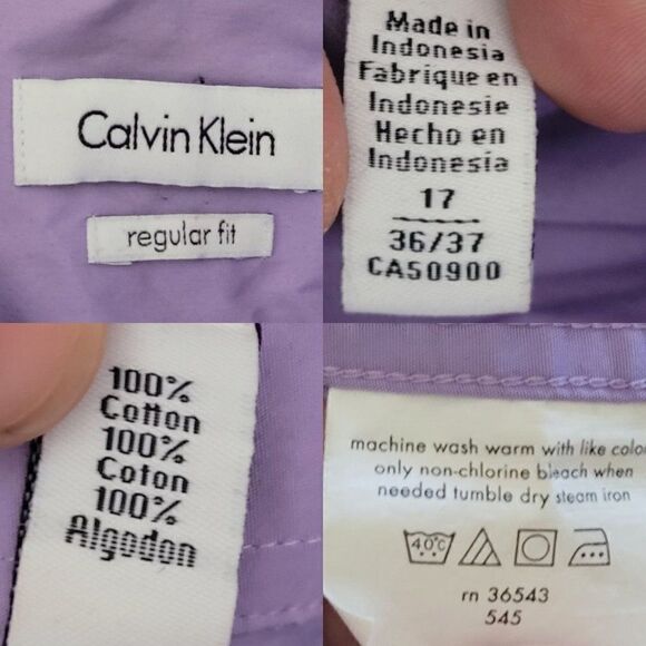 Mens Calvin Klein Dress Shirt 17 36/37 Lilac Purple Regular Fit Button Up Cotton - Picture 3 of 12